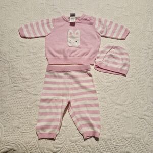 Little Me girls 3 months knit sweater, pants & hat bunny NWOT 100% cotton